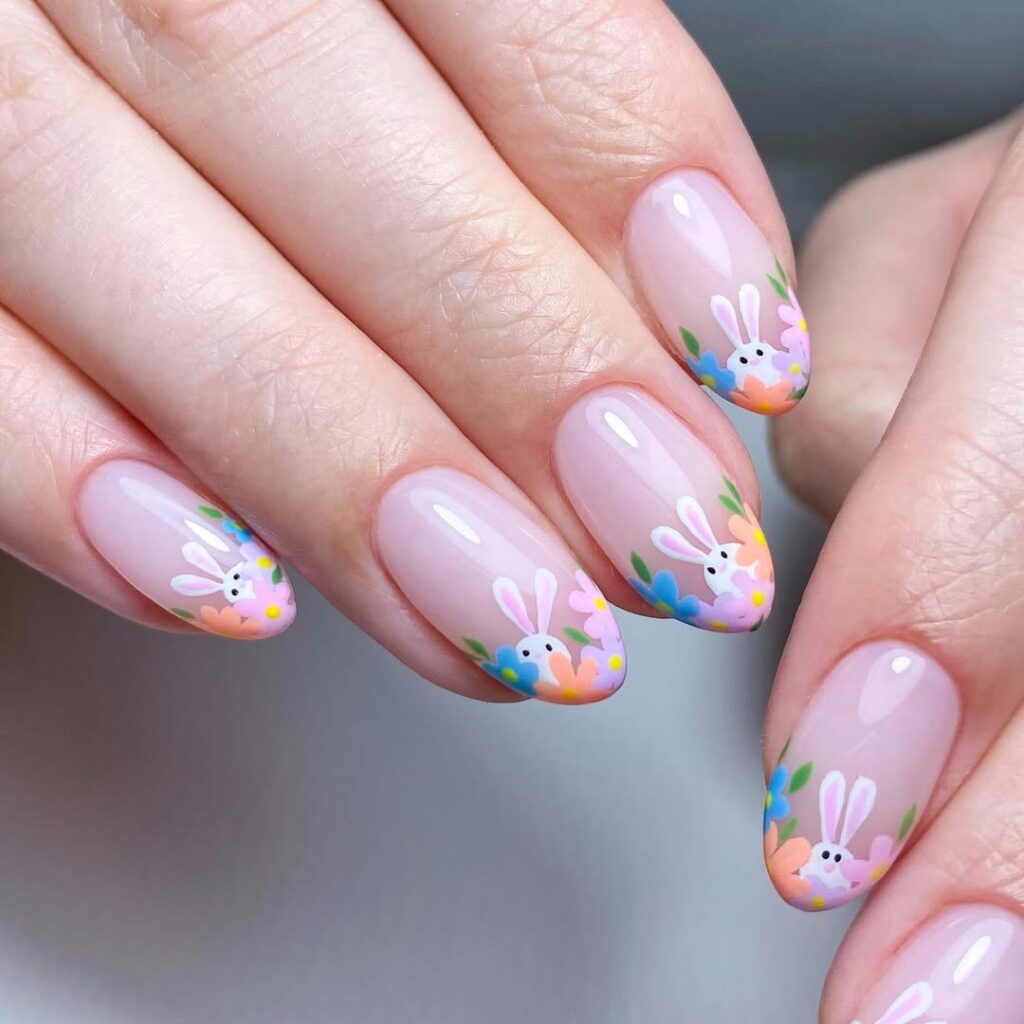Pastel Easter nails with bunny