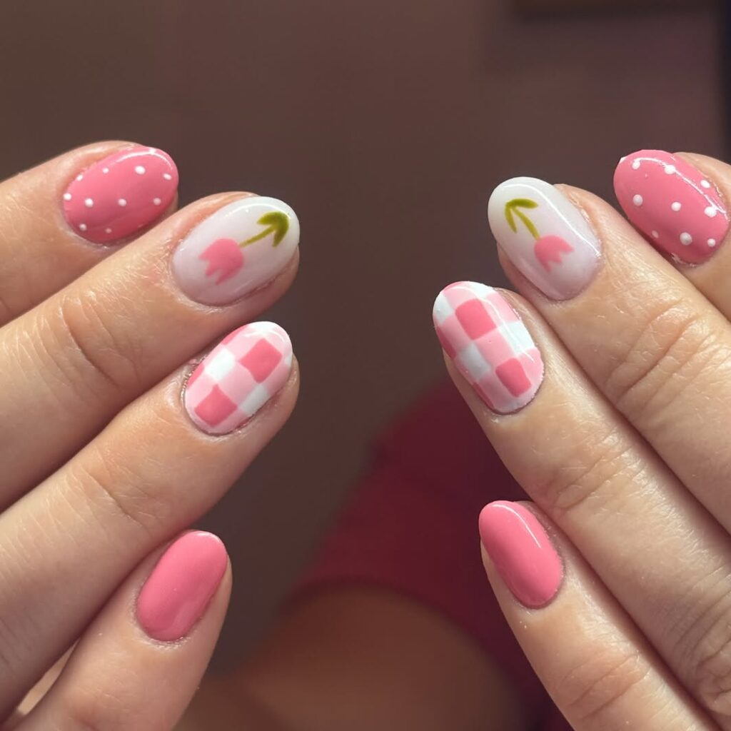 pink gingham & tulip nail art